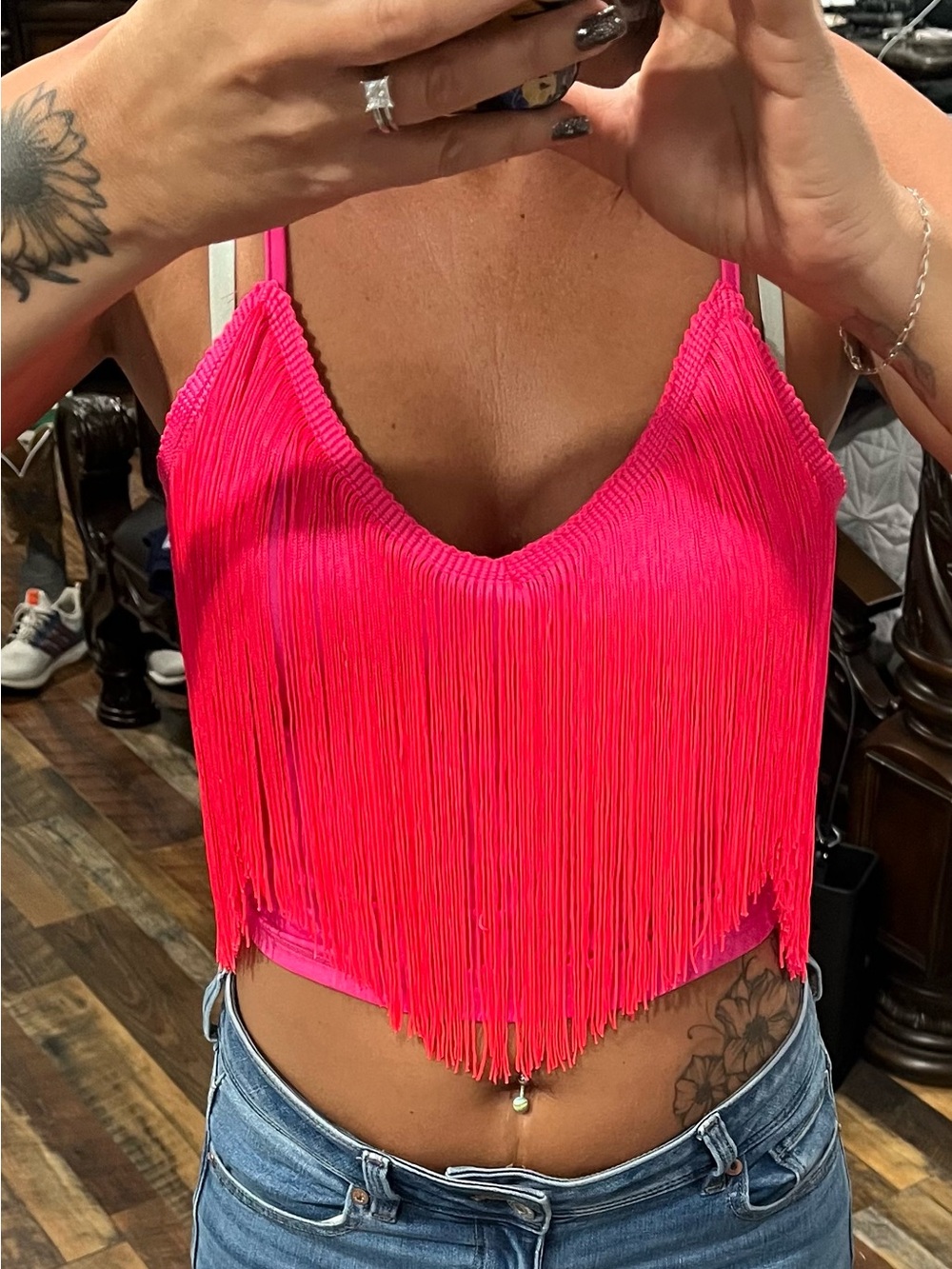 SHEIN Neon Pink Fringe Spaghetti Strap Crop Top